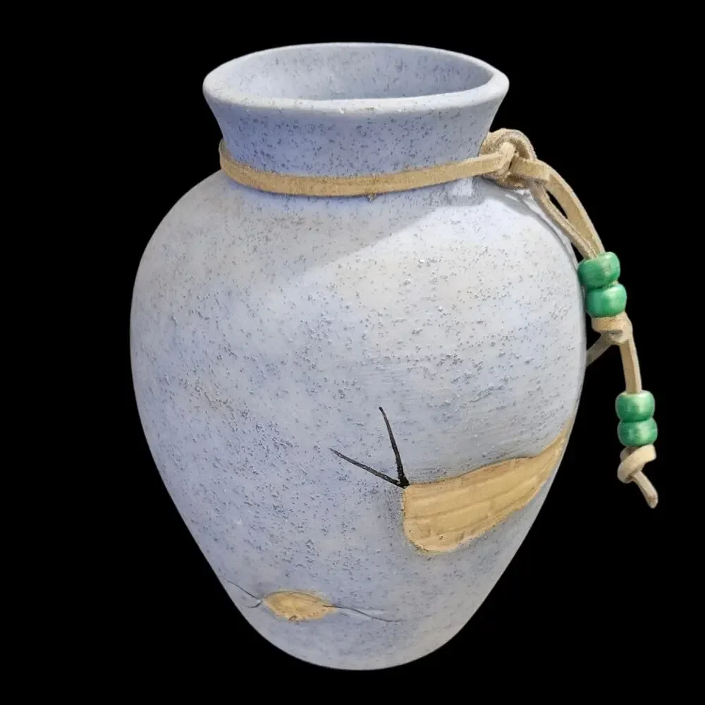 Handcrafted Studio Pottery Vase Blue Matte Glaze Southwestern Beaded 6 Inch